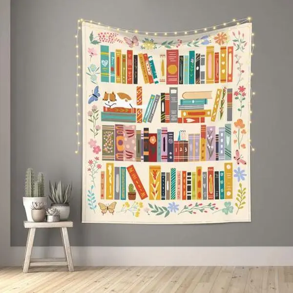 Modern Reading Tapestry Wall Art - Floral Motif, Unique Bookshelf Design for Book Lovers, Library Decor Gift for Teachers, Fabric Wall Hanging for Bedroom Living Room (60x40 in)