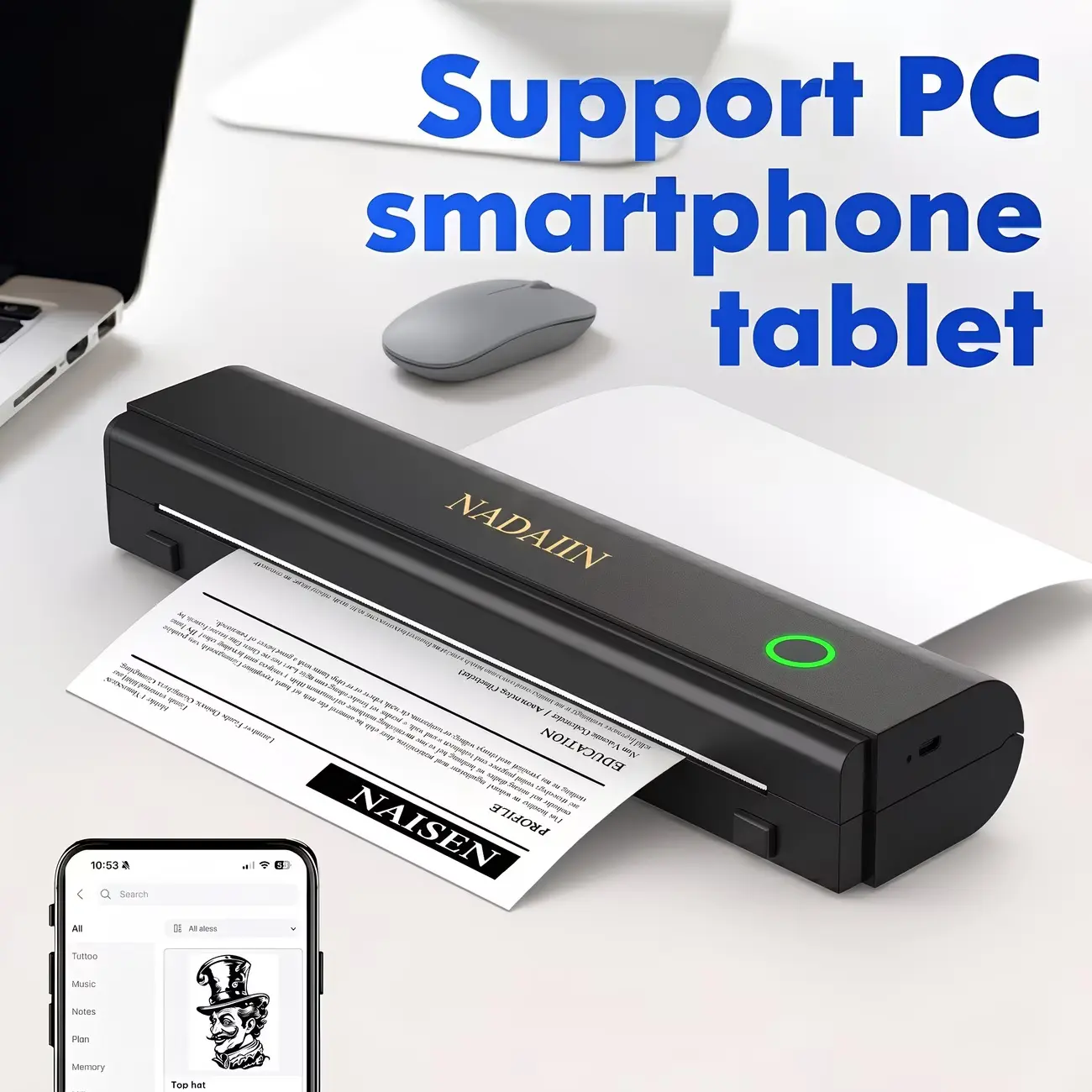 NADAIIN A4 Portable Inkless Thermal Printer with Paper Tray, Wireless Wireless Mobile Printer, Supports 8.5X11 Inch American Letter Paper/A4 Thermal Paper, Compatible with Mobile Phones And Laptops, Suitable for Home, Office, School And Travel