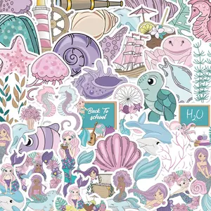 56pcs Mermaid & Ocean Cute Stickers Pack, Sticker Packs, Stickers Kit, Waterproof Pastel Marine Mermaid & Sea Creature Decals for Laptop, Water Bottle, Journal & Scrapbook, Ocean Lover Gift