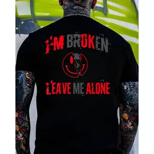 Men's "I’m Broken Leave Me Alone" Short-Sleeve Round Neck Menswear Top - Anti-Social Dark Quote Streetwear T-Shirt, Edgy Predator Graphic Tee