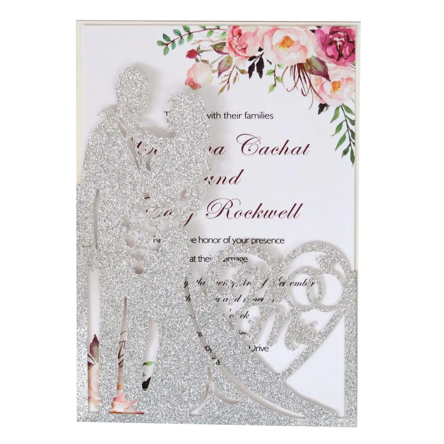 Golden Glitter Laser-Cut Wedding Invitation Cards with Lover Hearts Design, Cute Wedding Supplies for Nuptial Events