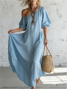 2026 European and American Cross-Border Bestseller, Vacation Style One-Shoulder Linen Bubble Sleeve Loose Long Dress for Women