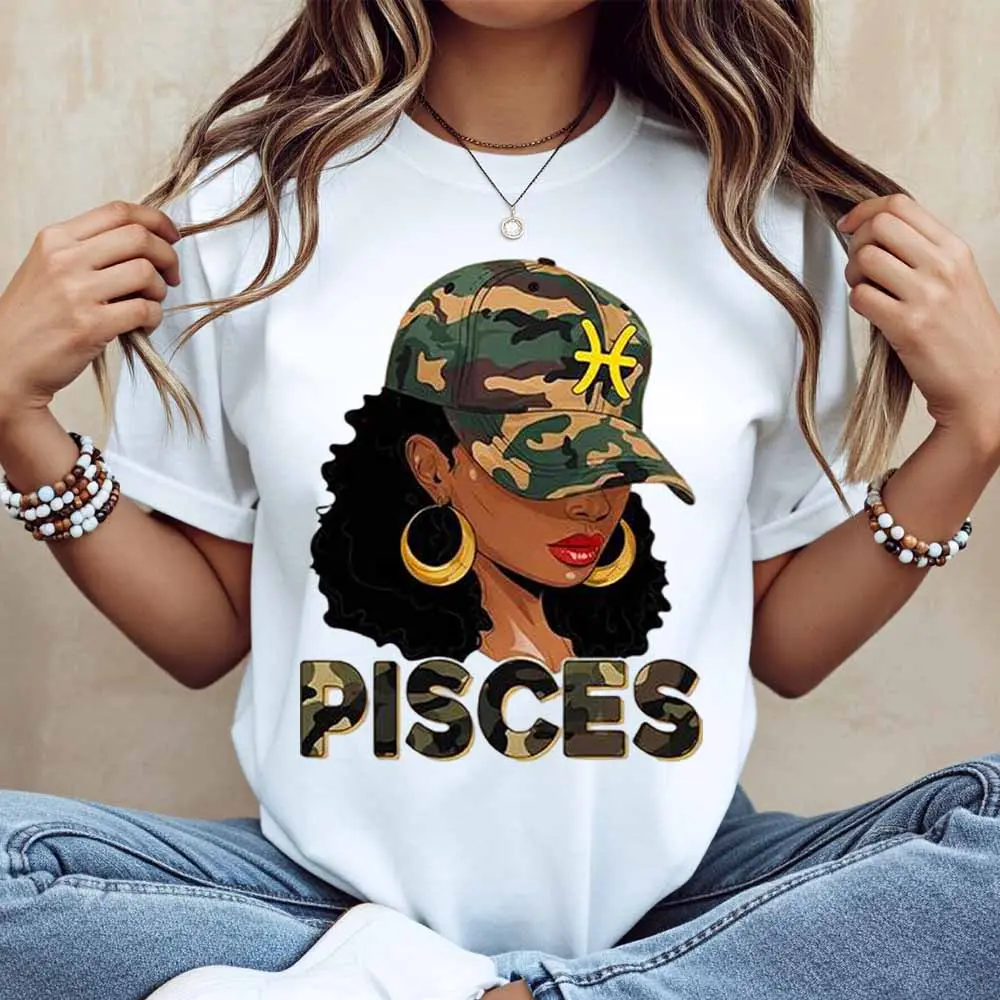 Pisces Woman With Camouflage Hat And Gold Earrings Print T Shirt White Casual Short Sleeve Top For Everyday Wear And Sports Activities
