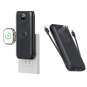 10000mAh Portable Digital Power Bank with AC Wall Charger iWatch Wireless Charging Built-in Cable 5 Output & 2 Input PD20W Fast Charging Battery Pack for Digital Electronic Devices Holiday Gift Outdoor Portable Emergency Power Supply