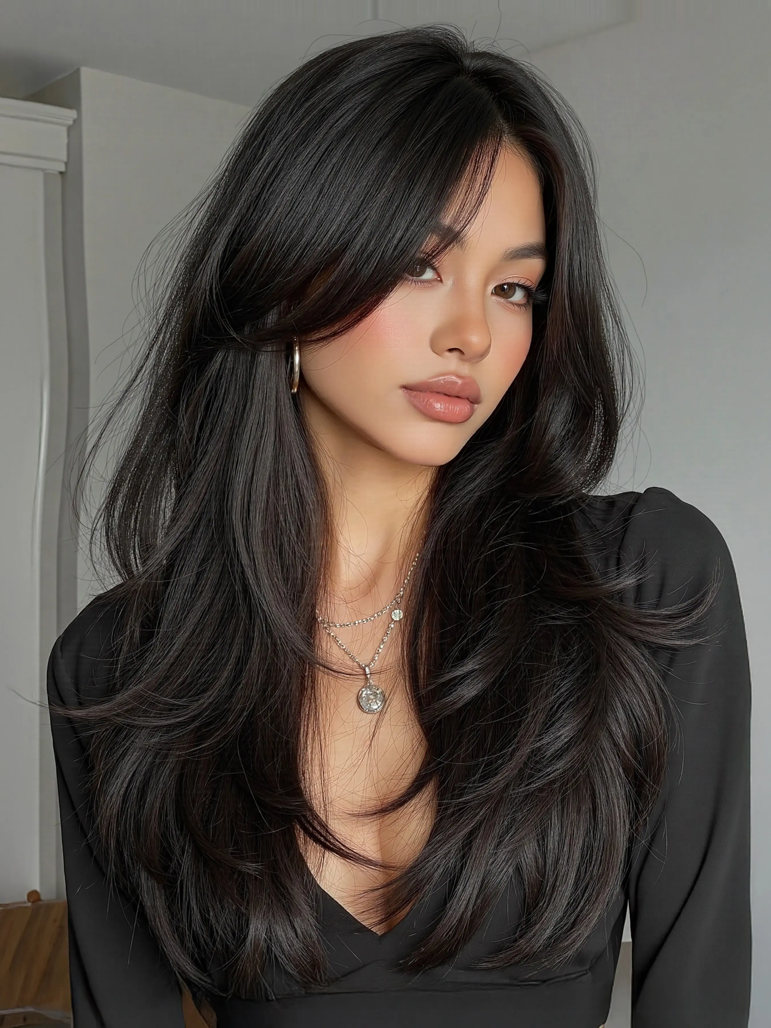 Black Layered Straight Wig | Rose Net Cap, Heat Resistant Synthetic Hair Natural Looking Wigs, Synthetic Machine Wigs, Synthetic Fiber Wig, Synthetic Material Wigs