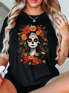 Women's Short-Sleeve Casual Streetwear T-Shirt - Day of the Dead De Los Muertos La Catrina Sugar Skull, Vintage 90s Floral Halloween Figure Print Round Neck Top