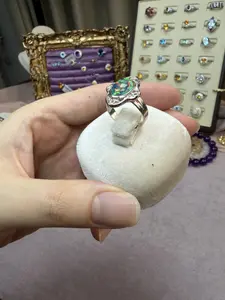 Copper, silver-Pleted  natural gemstone Black Opal ring adjustable size,