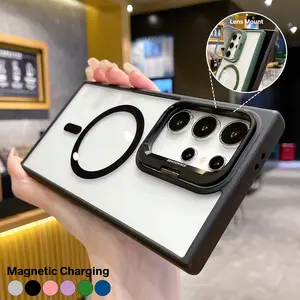 Lens Kickstand Holder Magnetic Case for Samsung Galaxy S25 Ultra S24 Plus S23 Compatible with Magsafe,Millitary Shockproof Clear Armor Cover with Camera Lens Protector