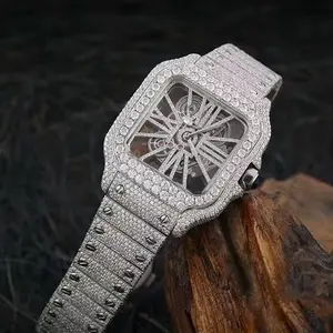 Moissanite Santos Skeleton Watch with Diamond Encrusted Band and Skeleton Dial (Branded Presentation)