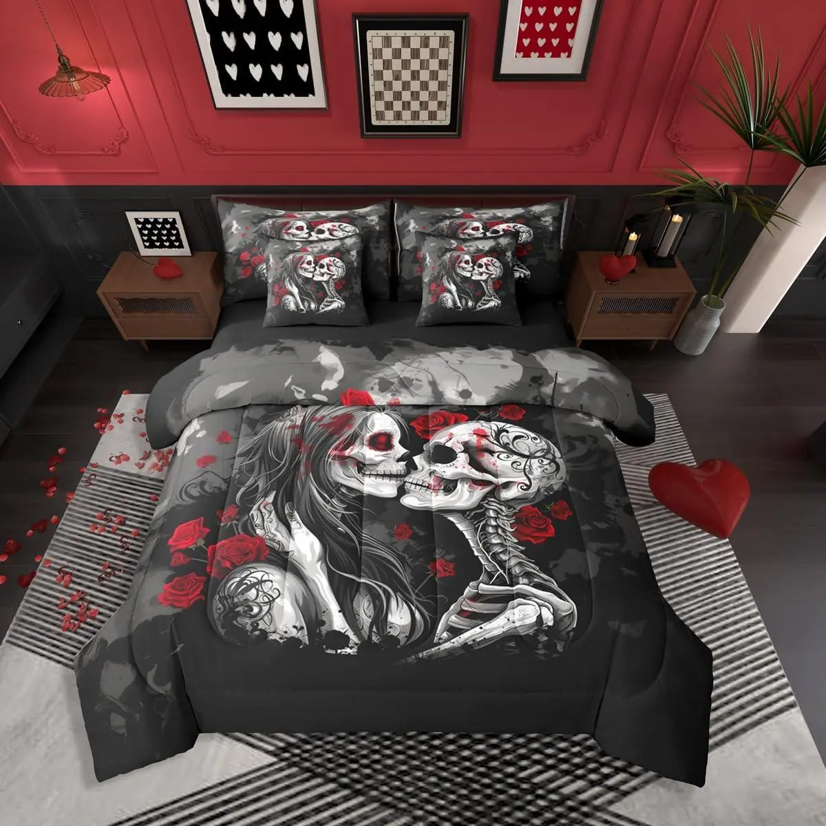 Valentine Gothic Skull Couple Comforter Set with Sheets 7 Piece Red Rose Valentine Day Skeleton Bones Bed in A Bag Sugar Skull Bedding Set,for Kids Adults,Goth Halloween Bed Set