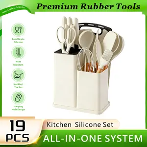 18 Piece High Quality Silicone Kitchenware SetWith Wooden Handle & Knife- Non-Stick CookingTools & Bamboo Storage Container -PerfectKitchen Tools For Easy Cooking & CleaningUtensils White Black Pink