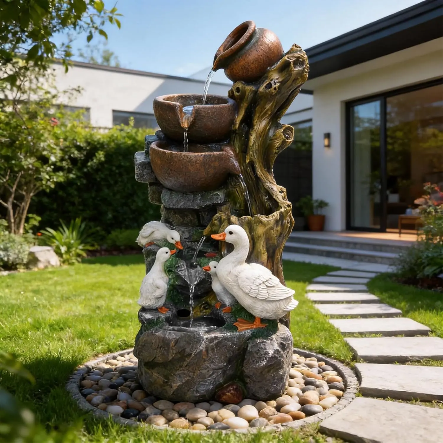 31.5'' H Duck Outdoor Water Fountain 6-Tier Cascading Tree Trunk and Bowl Waterfall with LED Lights Freestanding Water Feature for Patio, Yard, Lawn, Deck and Home Decor