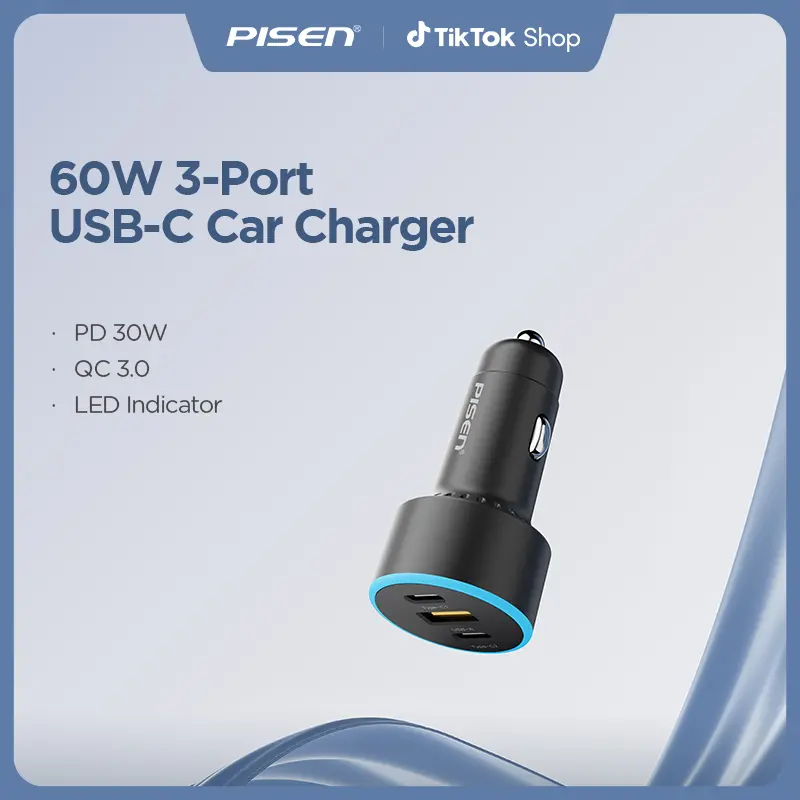 PISEN 60W 3-Port USB C  Charger - PD30W & QC3.0 Fast Charging, Multi Device Compatible, LED Indicator, Durable Design, Safety Certified for iPhone 16/15/14/13/12 Series