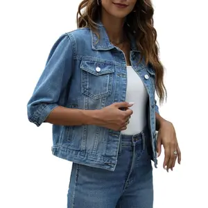 3/4 Sleeve Short Denim Jacket Lapel Button Down Cropped Trucker Jean Jackets Coats