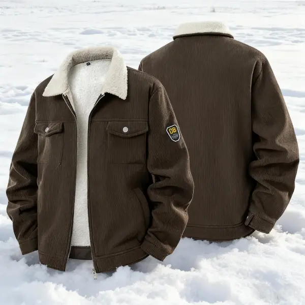New Winter Corduroy Jacket for Men: Fleece Lined, Thickened, Trendy Lapel Workwear Style with Lambskin Lining, a Stylish Men's Outerwear Menswear Coats collar coat casual outdoor daily wear fleece lined men outerwear top warm clothes cold weather menswear