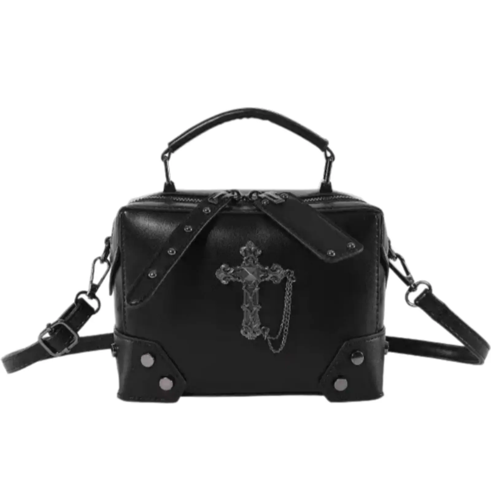 Black Cross Decorated Punk Rock Motorcycle Style Box Bag, Stylish Rivet Detail Shoulder Crossbody Makeup Everyday Bag for Women, Perfect for Daily Use and Dating Gift
