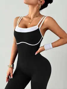 Women's Colorblock Two-Piece Adjustable Shoulder Straps Sports Jumpsuit, Sporty Jumpsuit, High Stretch Knit Waist Yoga Pants, Casual Fashion Home Commute Wear