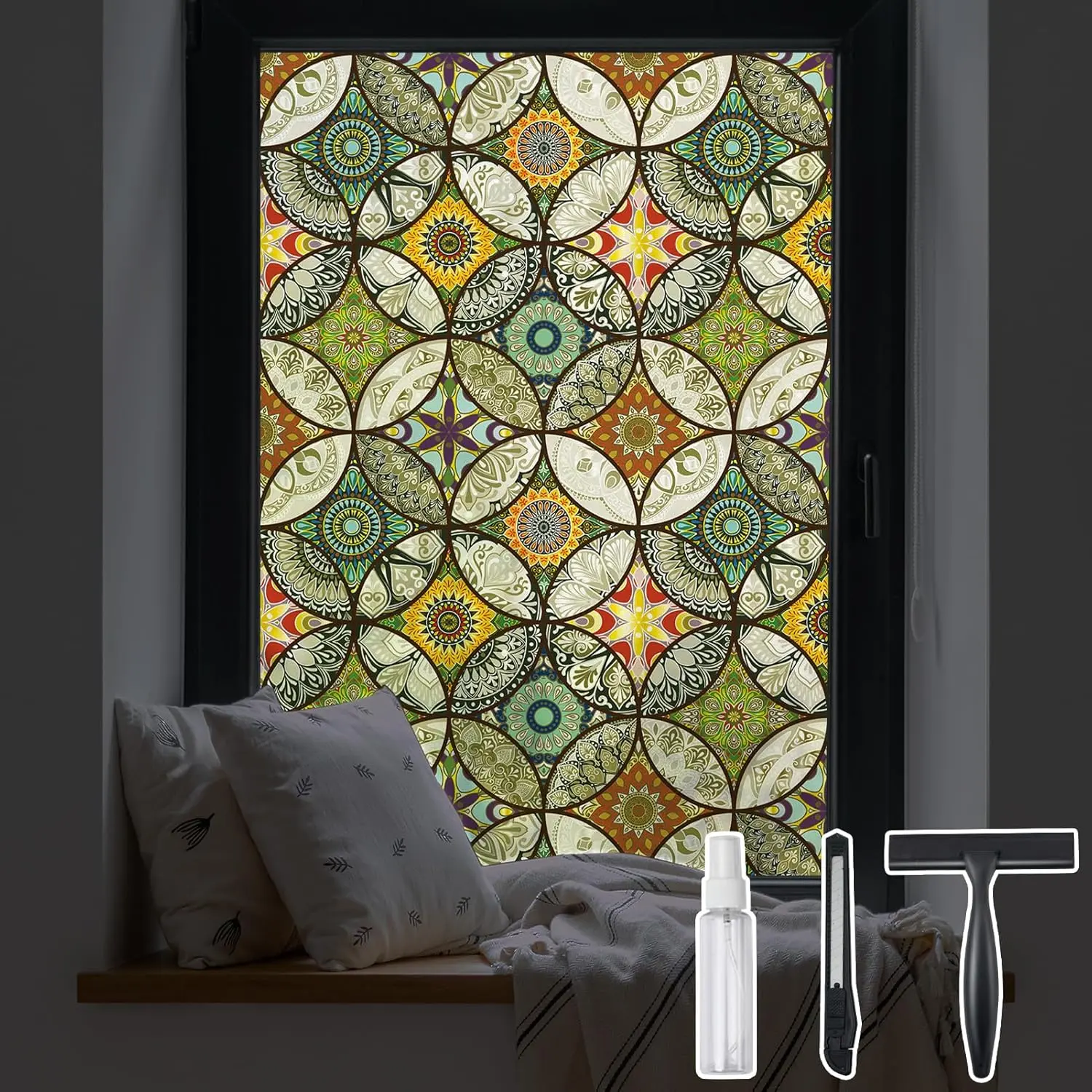 Static Cling Decorative Window Film with Installation Tools | Non-Adhesive Privacy Stained Glass Film for Bathroom, 17.7x78.7 Inch, Heat Control, Anti-UV