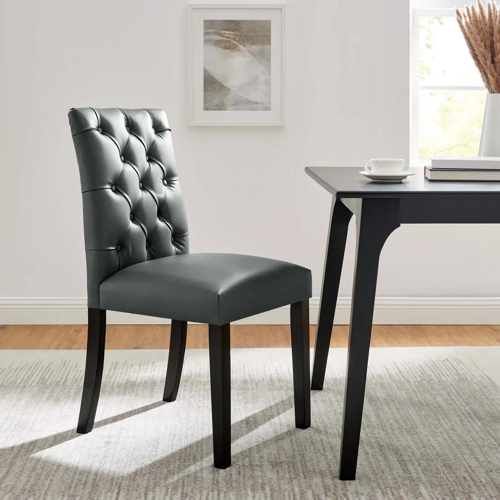 Modway Duchess Elegant Dining Chair - Button-Tufted, Foam-Padded, Vegan Leather, Gray, Wood Legs Indoor Furniture Chair, Foam Padding Chair