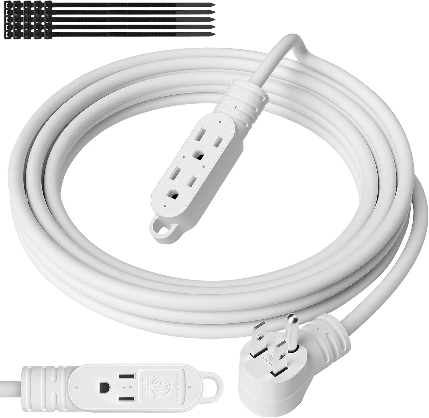 3 Prong Power Extension Cord with Multiple Outlets 4 FT, 16/3 Gauge Multi 3 Outlet Wire, 90  Angled Male Plug, 16 AWG Grounded Wire (13A 125V 1625W), ETL Listed, White  with 25  Ties