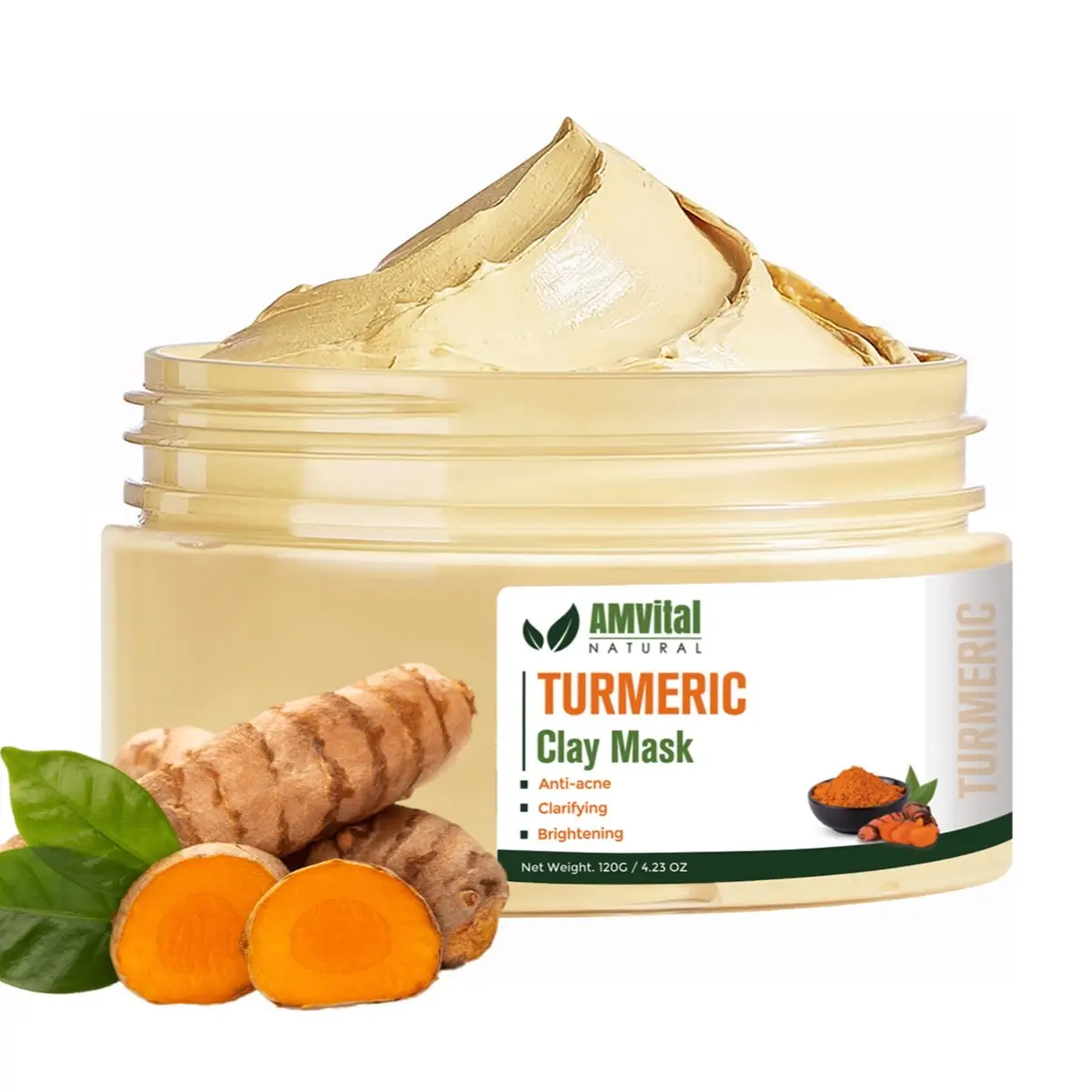 AMVital Turmeric Vitamin C Clay Mask with Hyaluronic Acid - Acne Face Mask for Breakout Control, Detoxifying Pore Removal, Brightening Anti-Dark-Spot Glowy Skin, Aloe-Infused Skincare Treatment, Acne Face Masks