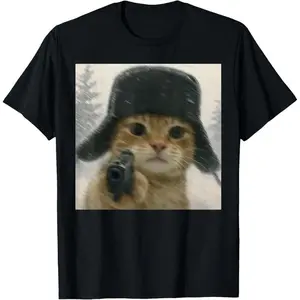 Women's Short-Sleeve Graphic Animal Print Tee, Wacky Ushanka Hat-Wearing Meme Cat Humor T-Shirt