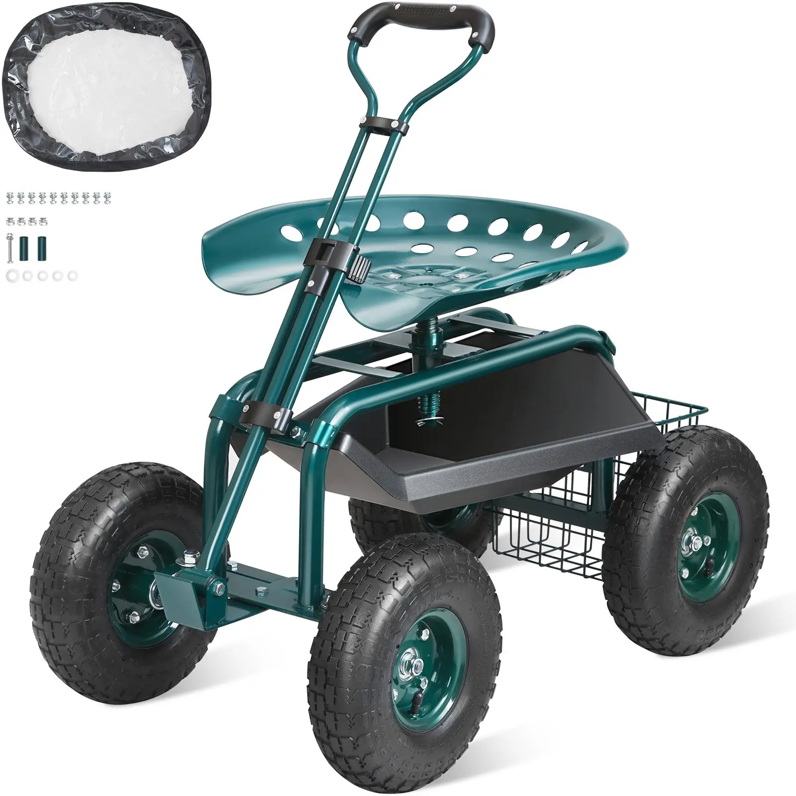 【Summerfinds】VEVOR Garden Cart Rolling Workseat with Wheels Gardening Stool for Planting360 Degree Swivel SeatWagon Scooter with Steering Handle & Utility Tool TrayUse for PatioYardand Outdoors, Heavy Duty, Tool Box
