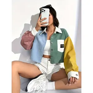 Color Block Letter Patch Off Shoulder Jacket