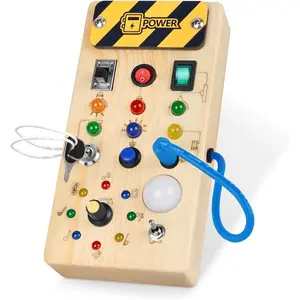 Montessori Wooden Busy Board with 8 LED Light Switches Sensory Travel Toys for 1+ Year Old Baby and Toddler