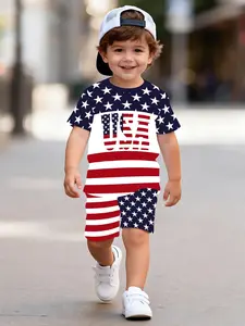 Cute Baby Boys Casual Set Outfit, American Flag Element, Summer Outdoor Wear, All Seasons Fitted Style, All over Print, Shorts, Baby Clothing