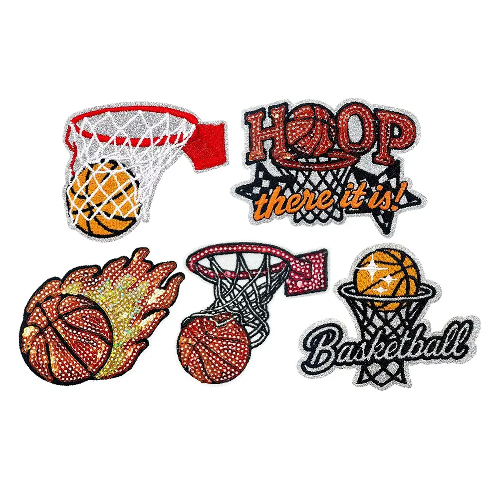Basketball Embroidered Sequin Fabric Patches, Embroidery Patches, DIY Cnba Game Repair Patch, Hot Melt Glue Appliques, Appliques Embellishments, 5 Styles, Sports Decorations