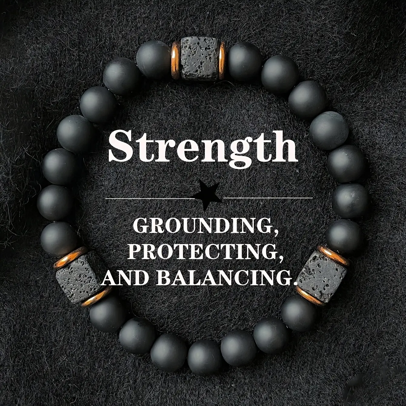 1 Piece Men’s Matte Black Onyx & Natural Lava Rock Beaded Bracelet, Copper Tone Spacers, Strength Grounding Stress Relief Stretch Jewelry for Everyday & Father’s Day