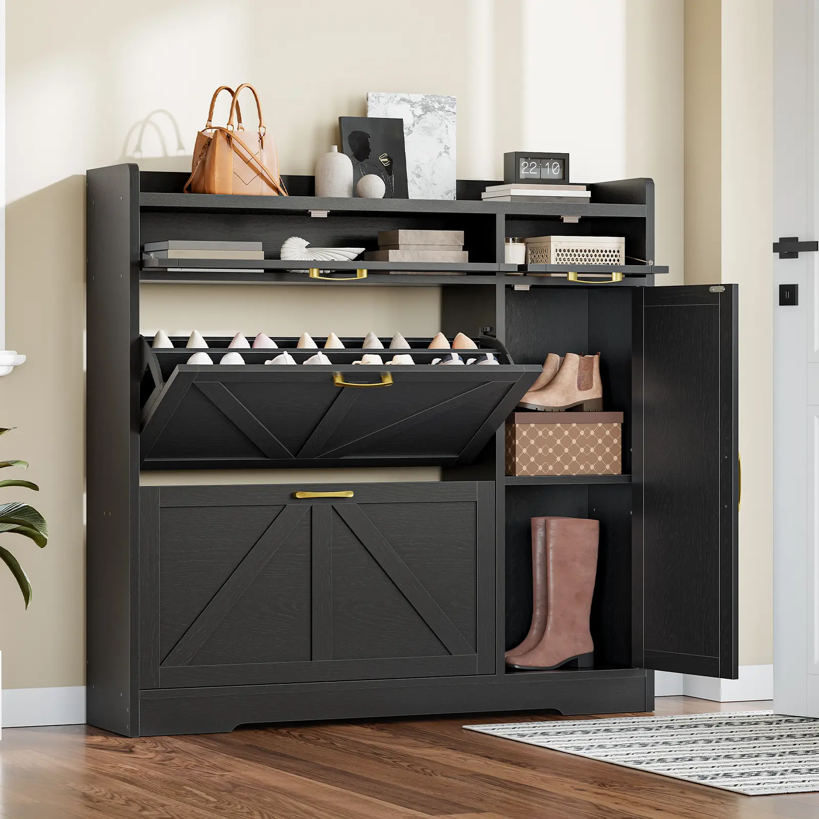 HOOBRO Shoe Cabinet with 2 Flip Drawers for Narrow Entryway, Adjustable Shoe Organizer with Hidden Storage, Narrow Shoe Organizer Cabinet, Freestanding with Adjustable Side Cabinet