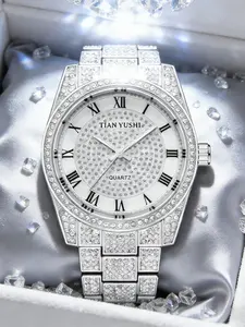 Men's Luxury Quartz Watch, Roman Numeral Dial, Starry Sky Diamonds, Night Glow Function, Daily Wear, Decoration, Holiday Gift