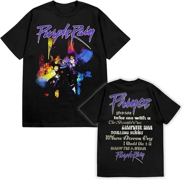 Prince Purple Rain T Shirt - Front & Back Print Graphic Tee Black | Officially Licensed, Unisex for Men & Women, 100% Cotton, Short Sleeve Crew Neck, Music Memorabilia