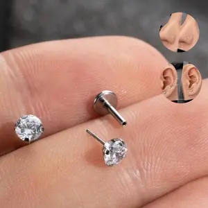 Oufer 20G/18G Titanium AAA+ Grade Prong CZ Threadless Push Pin Flat Back Nostril Nose Ear Helix Lobe Piercing Ring Bar Length 6mm 8mm - Nosering