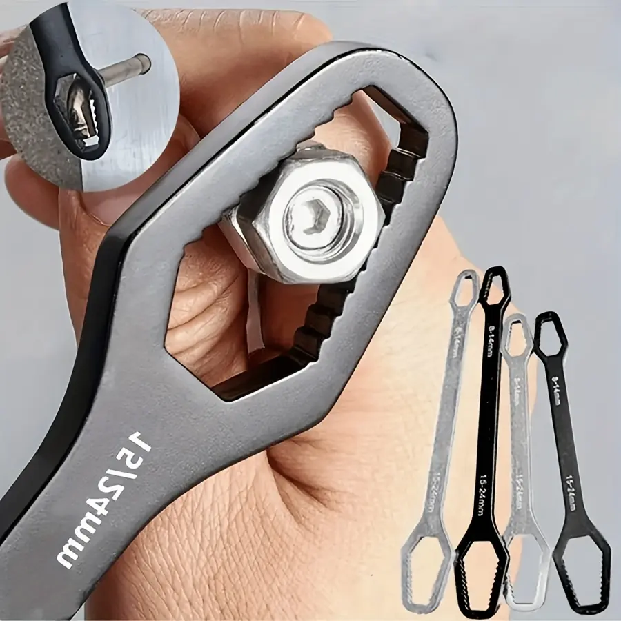 One multi-functional black 5mm thick T-type wrench, Multifunctional wrench, adjustable self-locking double-ended wrench, with a wrench size ranging from 3mm to 17mm. It is a portable manual tool for both automotive and household use.