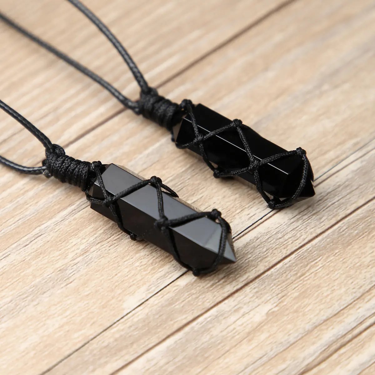 Double Pointed Obsidian Amulet Pendant - Hand-Woven Hexagonal Prism Natural Healing Crystal Necklace, Spiritual Stone Pendant with Amethyst, Black Onyx, Meaningful Gifts for Jewelry Lovers, Spiritual Pendant
