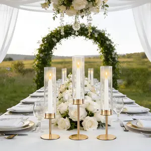 OUTGOODS 3Pack Hurricane Glass Candle Holders Gold with Clear Cylinder Sleeves,Elegant Table Centerpiece for Wedding, Birthday, Christmas, Home Decor