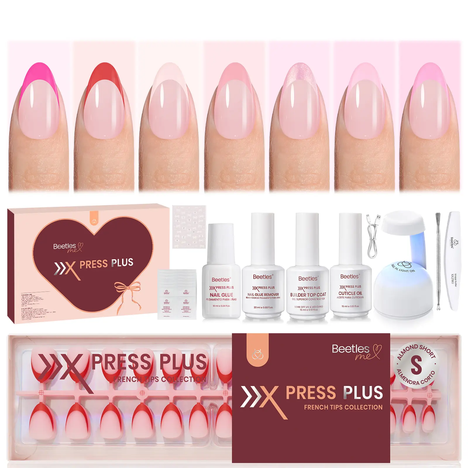 [Exclusive to TTS]Beetles Heart Glow French Tip Press On Nails 7 Colors Pink Glitter Red French Tip Nails Short Square Almond Fake Nail Tips,Soft Gel Nail False Nails,DIY Nail Art Salon Quality Manicure Valentine's Day Gift For Women