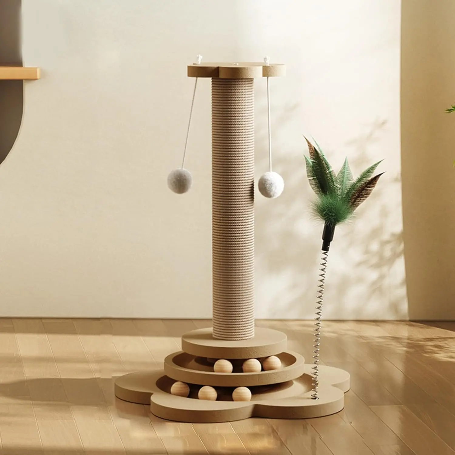 4-in-1 Cat Toy & Scratching Post - Natural Sisal Pad + Interactive Turntable + Cat Tree - Multi-Functional Wooden Play Center for Indoor Cats Vertical Scratcher