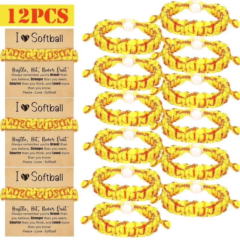 12-Pack Braided Softball Bracelets, Handmade Nylon Arm Candy Accessories for Everyday Wear, Adjustable Unisex Team Gifts with Wish Cards, Bracelet Bundle, 12Pcs, Bracelet Wristband, Braided Look