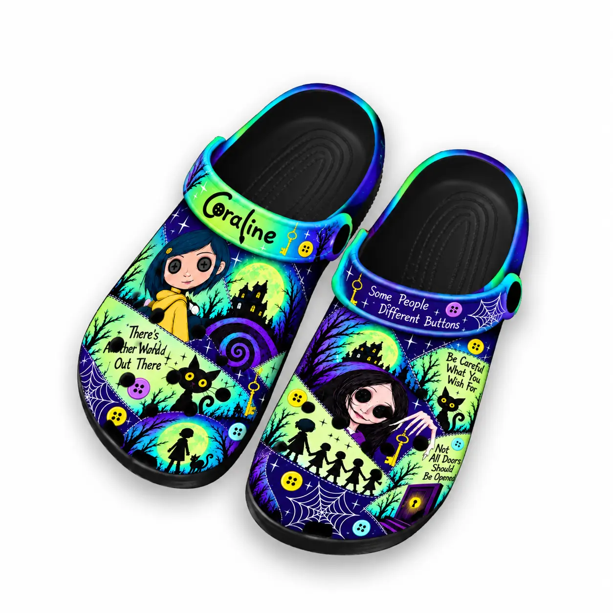 Kids Coraline Inspired Clogs – Pink Purple Button-Eye Gothic Slip-On Shoes for Boys & Girls, Spooky Patchwork Cartoon Garden Sandals, Halloween Casual Footwear, Kids Gift