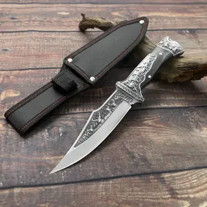 - High-hardness stainless steel straight-edged serrated knife with a lightweight ergonomic handle featuring scales, easy to carry, suitable for camping, hunting, and survival.