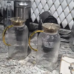2 PACK Glass Pitcher with Lid, 68 oz/ 2 Liter Classic Vertical Stripes Water Pitcher with Handle,Glass Water Carafe for Cold Brew, Coffee, Lemonade, Iced Sun Tea,Beverage,Heat Resistant