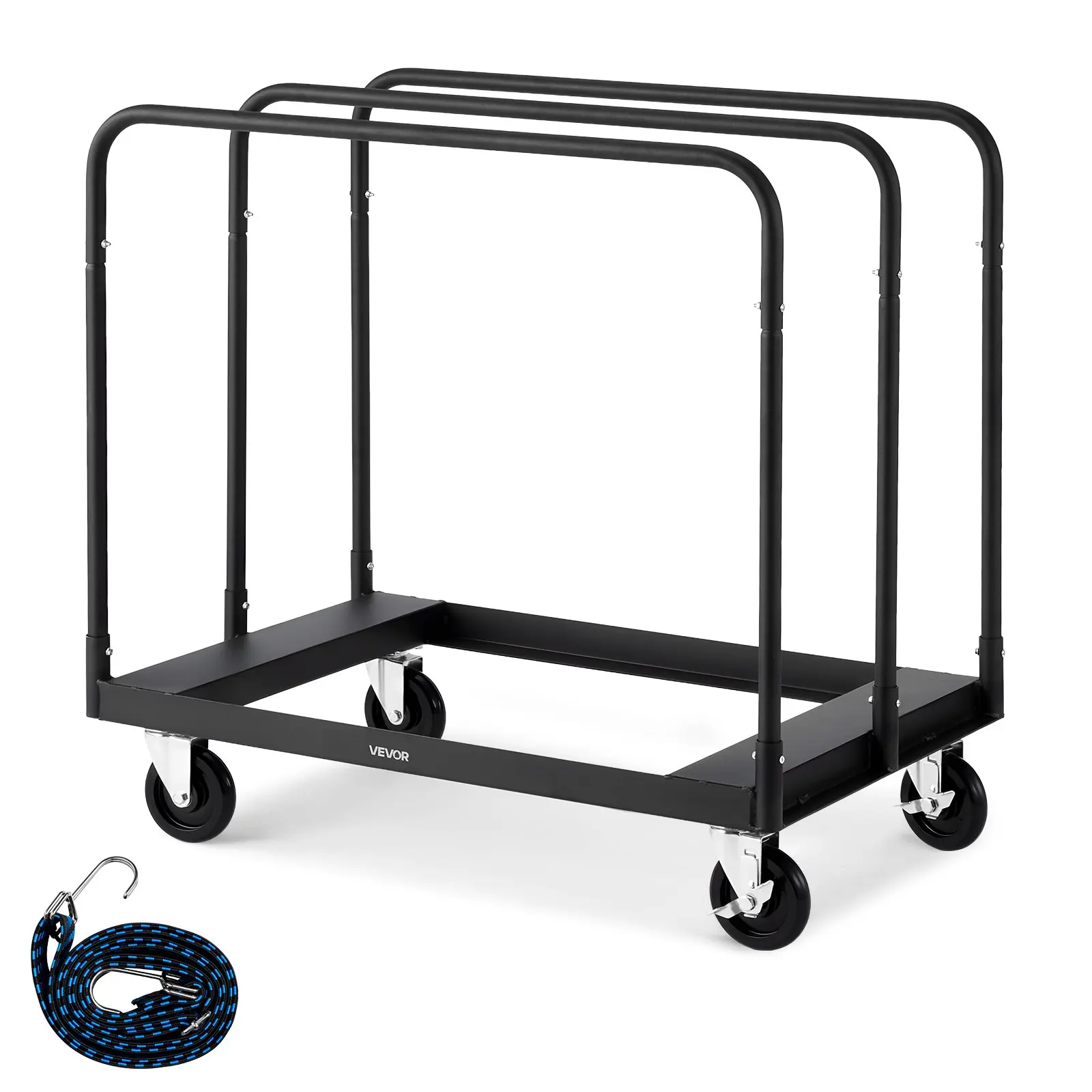 VEVOR Steel Drywall Cart Dolly, 1800lb Load Capacity, 5in Swivel Casters, Panel Transport Truck with Tie-Down Strap & 3 Side Handrails for Factory, Warehouse
