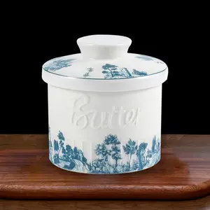 French Butter Crock, Butter Crock For Counter With Water, Water Butter Dish Countertop French Ceramic Butter Dish Keeper springtok -blue and white porcelain springtok