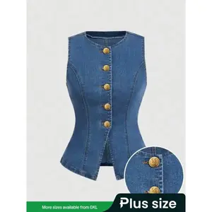 Women's sleeveless denim vest with gold button details, fashionable new business casual women's clothing, women's clothing, sleeveless vestRAIMENTRY