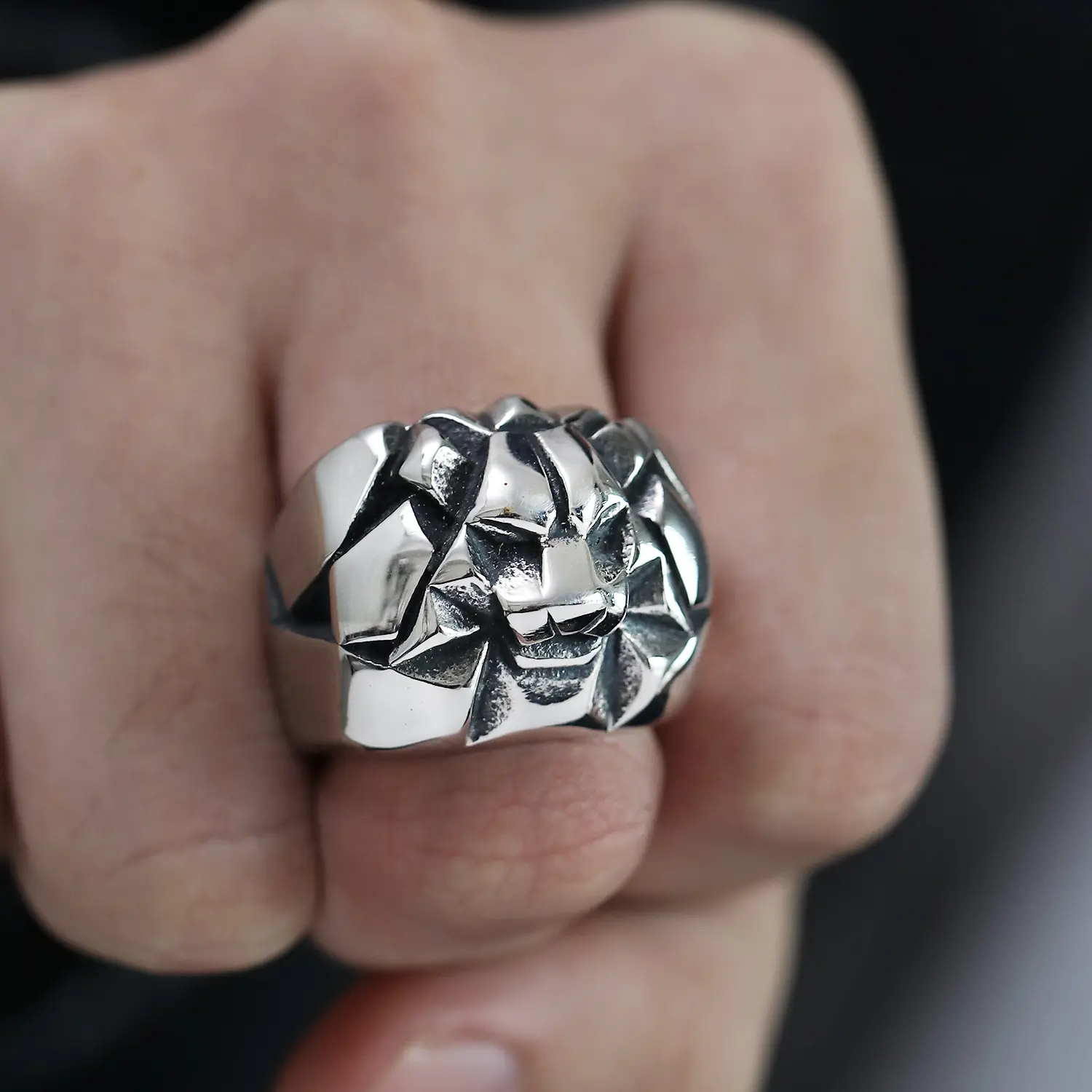 Men's Retro Lion Chunky Statement Stainless Steel Ring - American Funk Punk Spiky Metal LARP Costume Jewelry Accessory, Chunky Statement Rings