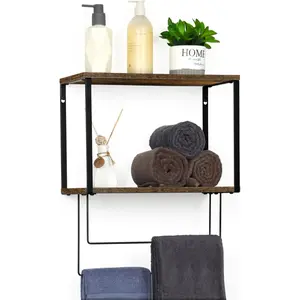 2-Tier Wood Towel Shelf Organizer with Towel Bar, Wall-Mounted Towel Rack with Shelves for Bathroom, Kitchen, Entryway, Living Room, or Bedroom, Brown
